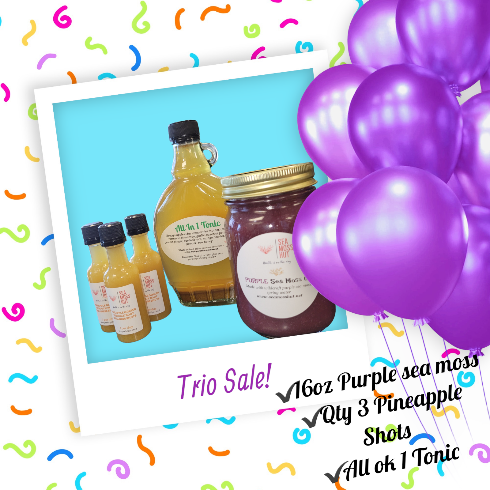 TRIO BUNDLE- Purple Sea Moss Gel-Tonic- w/Pineapple Burdock Root shots (Qty 3)