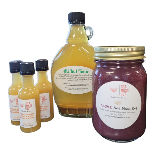 TRIO BUNDLE- Purple Sea Moss Gel-Tonic- w/Pineapple Burdock Root shots (Qty 3)